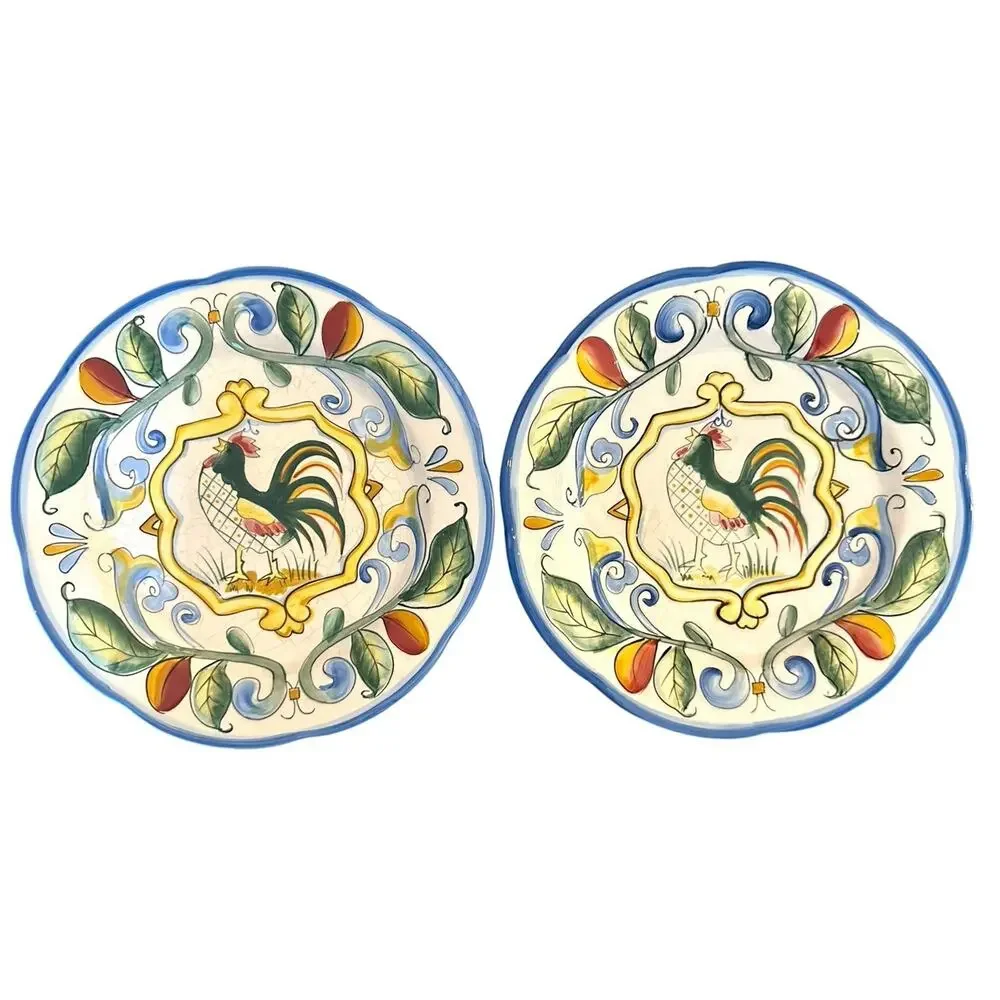 Set Of 2 Fitz & Floyd Ricamo Rooster Motif Salad Plates 8” Hand Painted